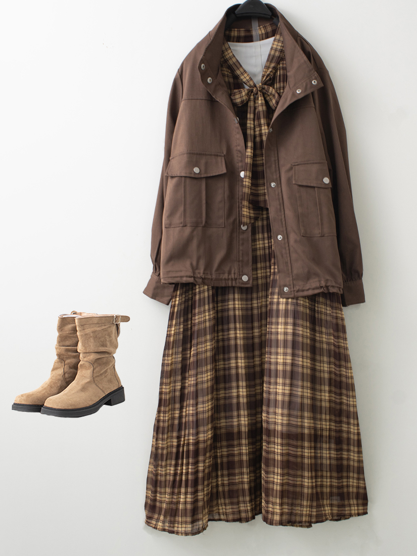 工裝口袋夾克格紋雪紡洋裝組合