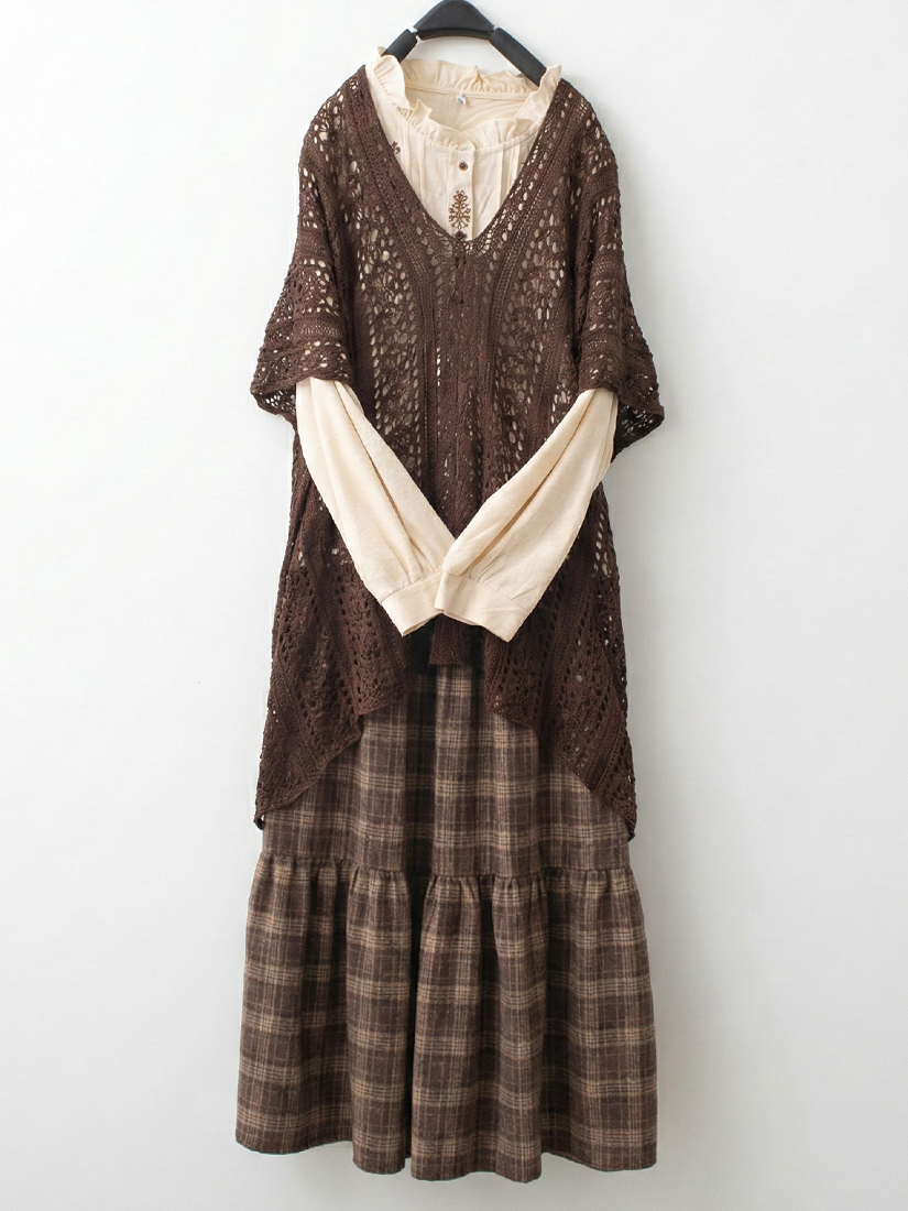 簍空針織罩衫壓褶條絨上衣法蘭絨蛋糕長裙組合