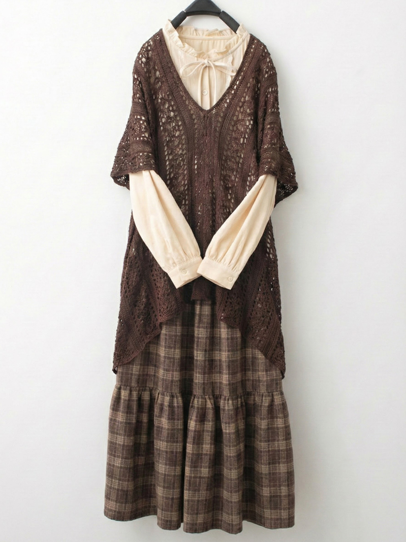 簍空提花針織罩衫棉蕾絲立領條絨上衣格紋法蘭絨蛋糕長裙組合