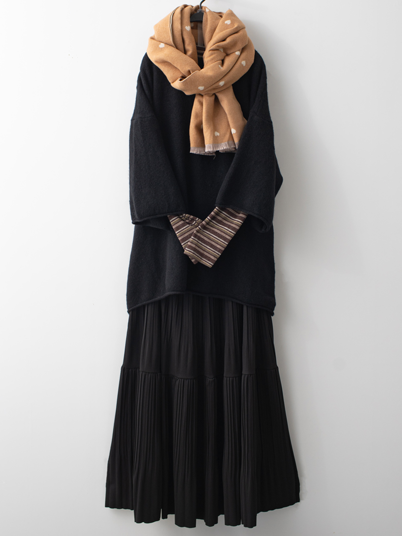 七分寬袖毛衣條紋內搭鬆壓褶蛋糕裙組合