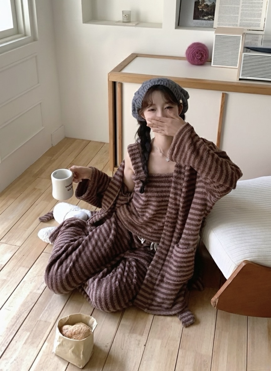 Me.gusta｜韓國品牌Public republic復古條紋毛巾布睡浴衣(現貨)