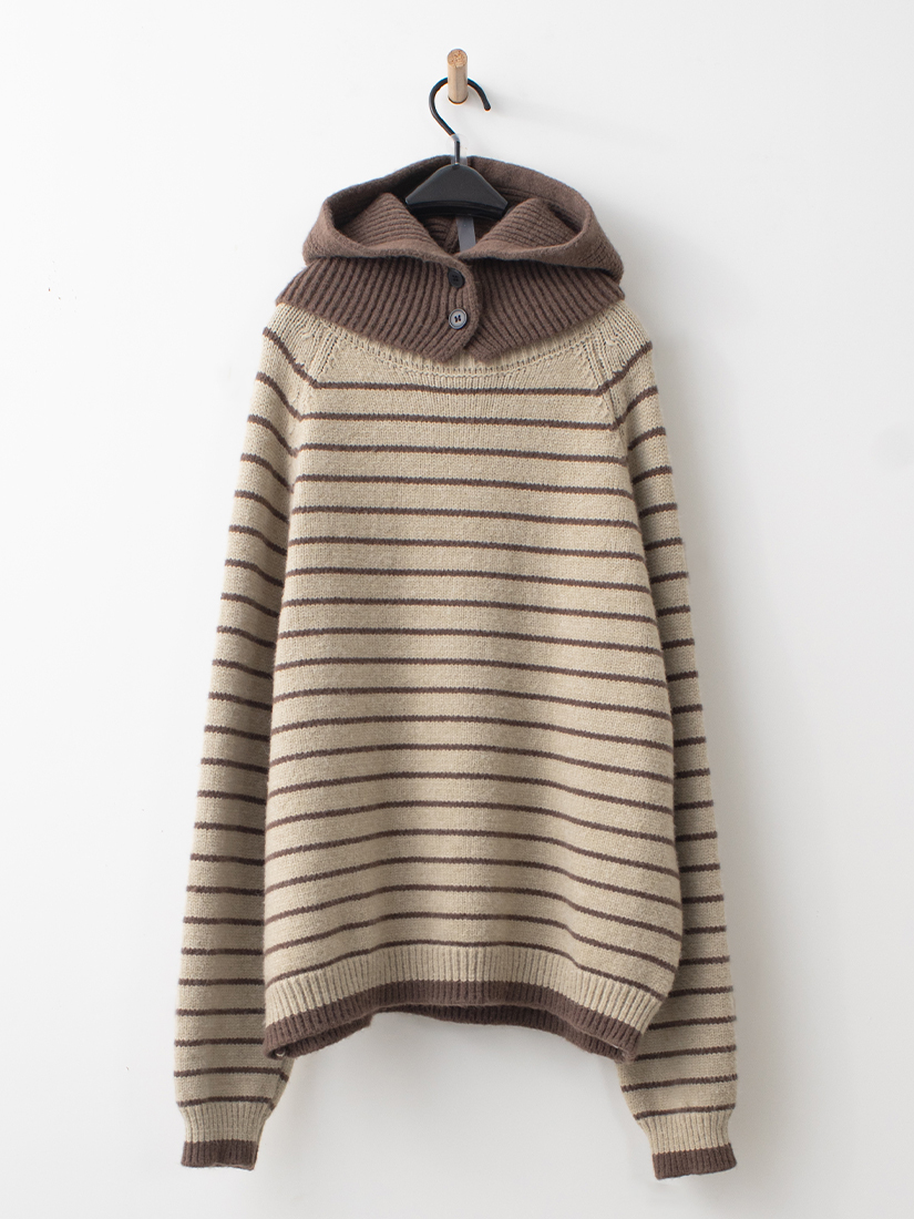 連帽圍脖條紋拉克蘭袖針織毛衣