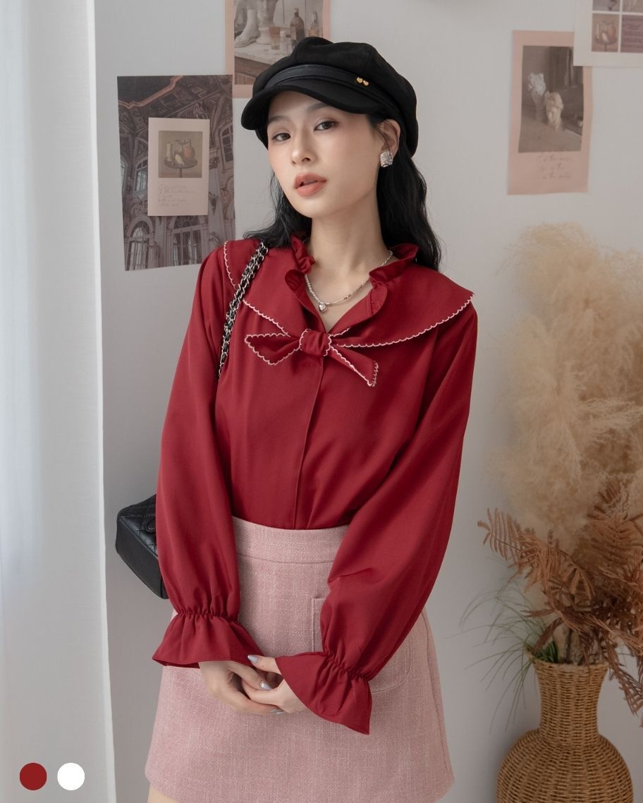 氣質花邊大翻領綁帶上衣