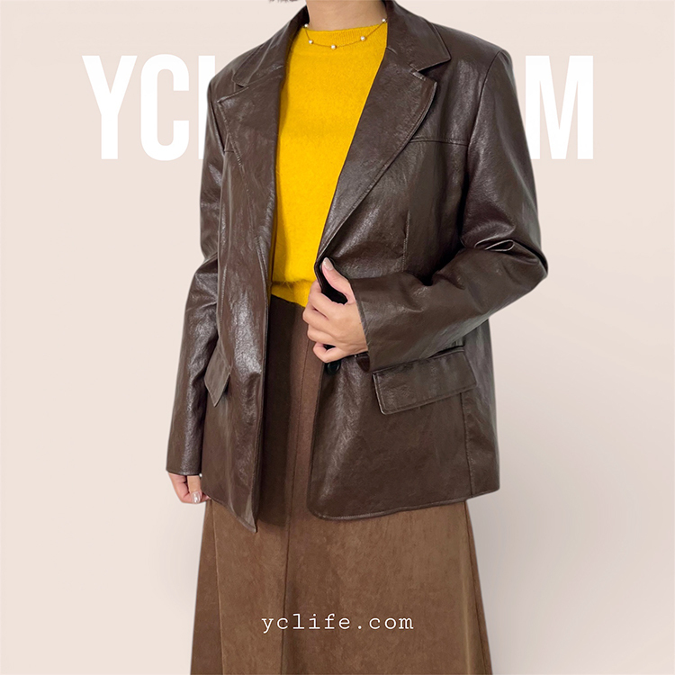 復古棕皮感西裝外套