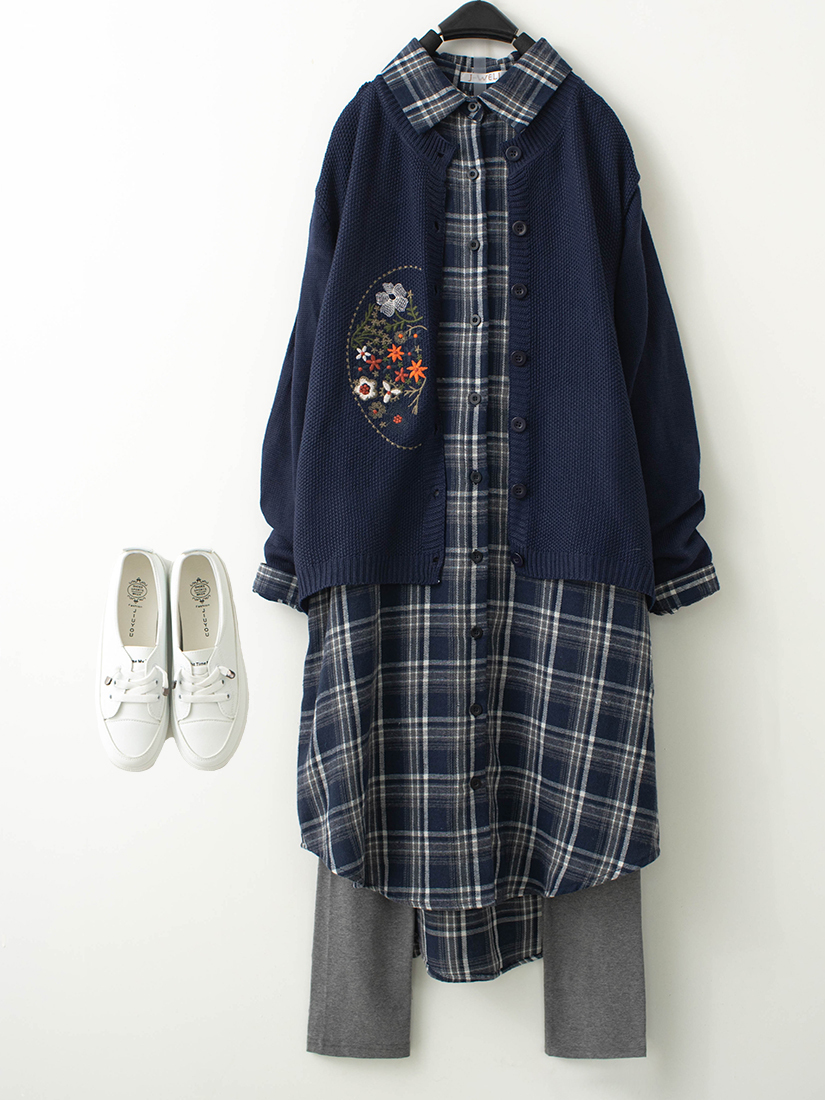鬆軟織紋繡花針織外套格紋綁帶洋裝組合