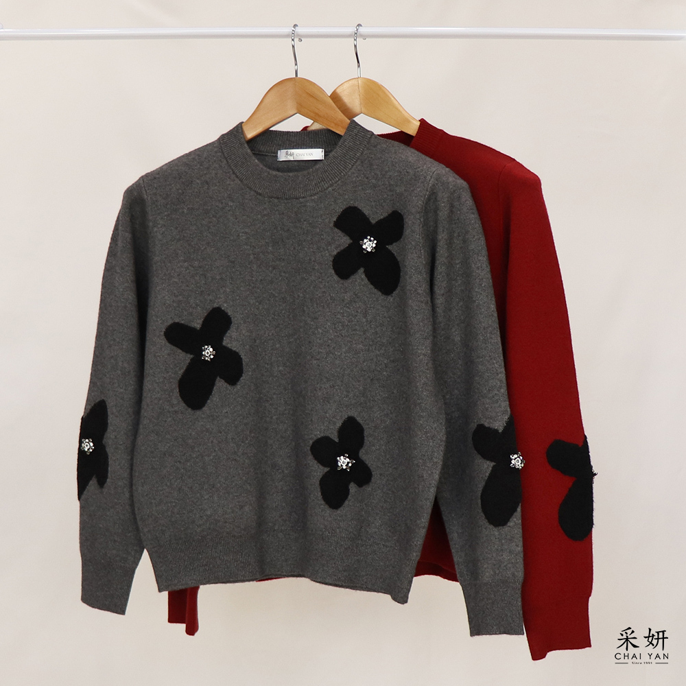 雪花水鑽花朵厚針織長袖上衣