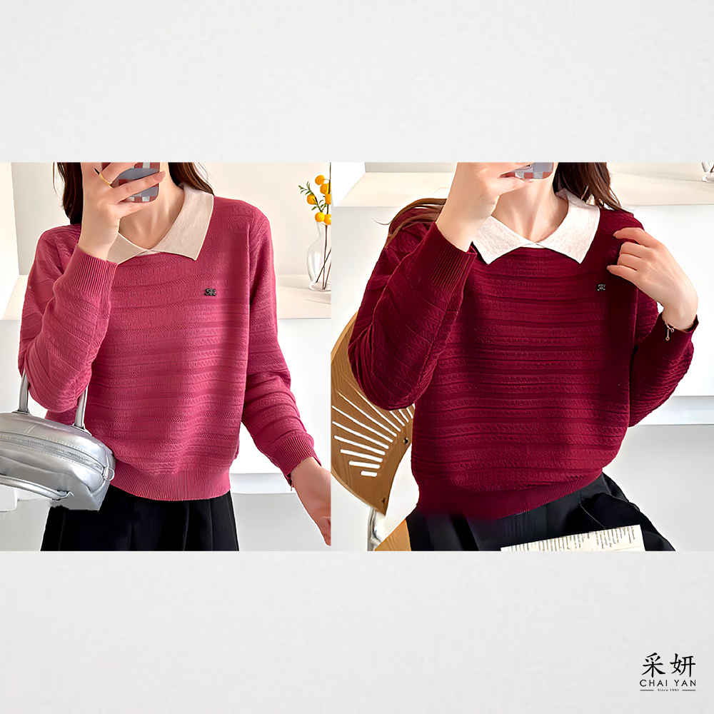 水鑽小標針織翻領長袖上衣