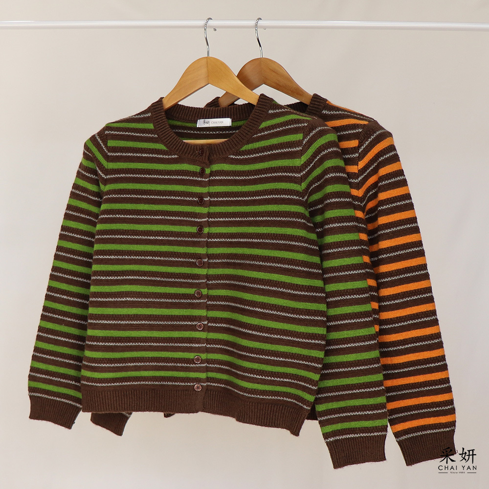 撞色細粗針橫條厚針織長袖上衣