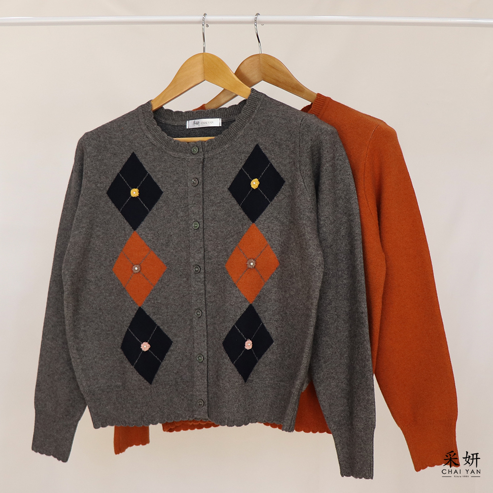 菱形跳色圓排扣厚針織長袖上衣