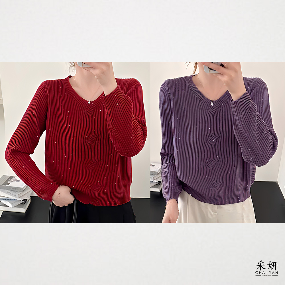 亮片交錯織厚針織長袖上衣