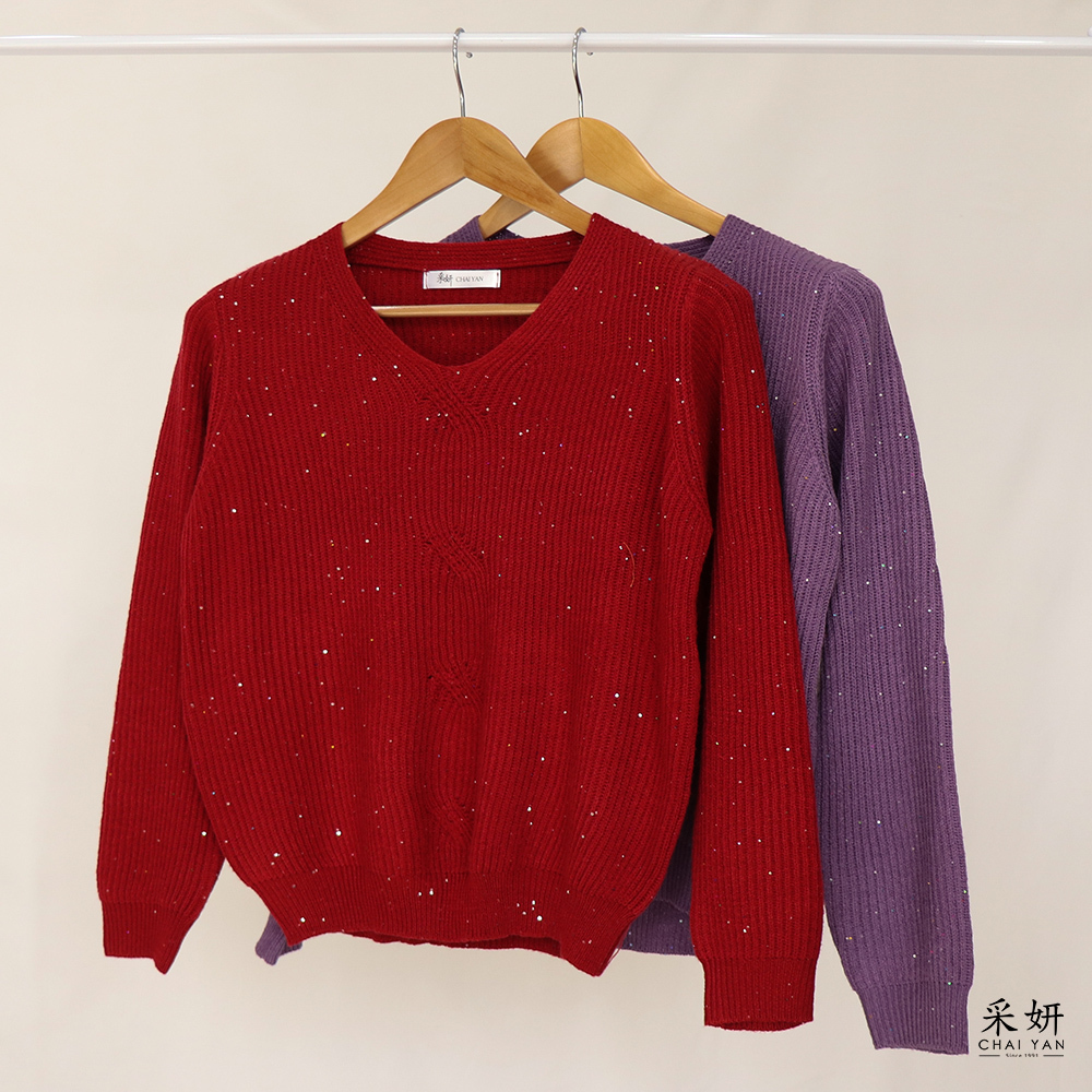 亮片交錯織厚針織長袖上衣