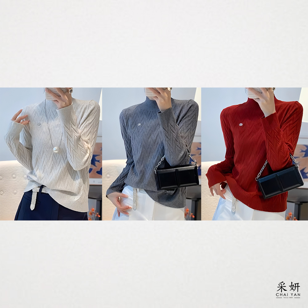 V型紋微高領細針織長袖上衣