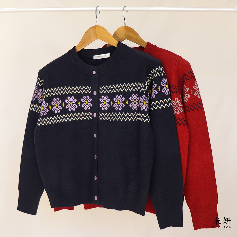 花朵圓排扣厚針織長袖上衣