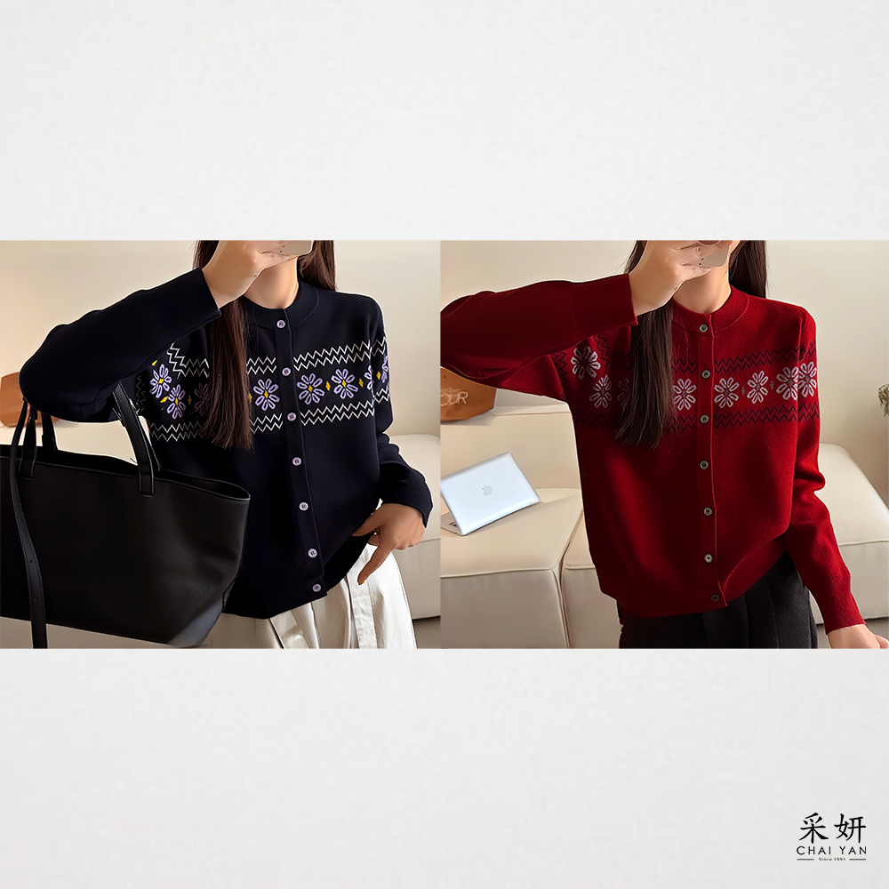 花朵圓排扣厚針織長袖上衣