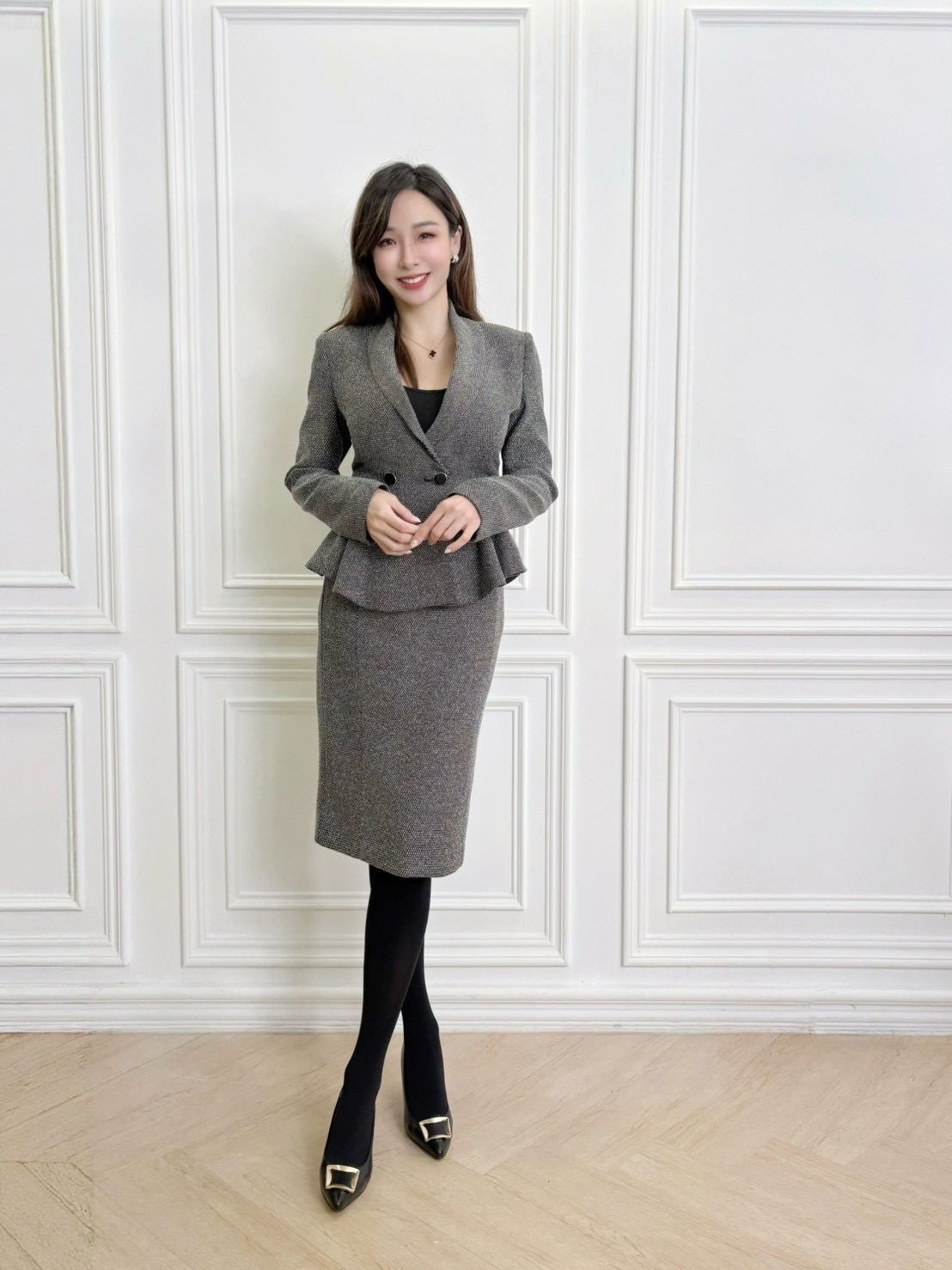 翻領雙黑釦拼色織紋荷葉套裝