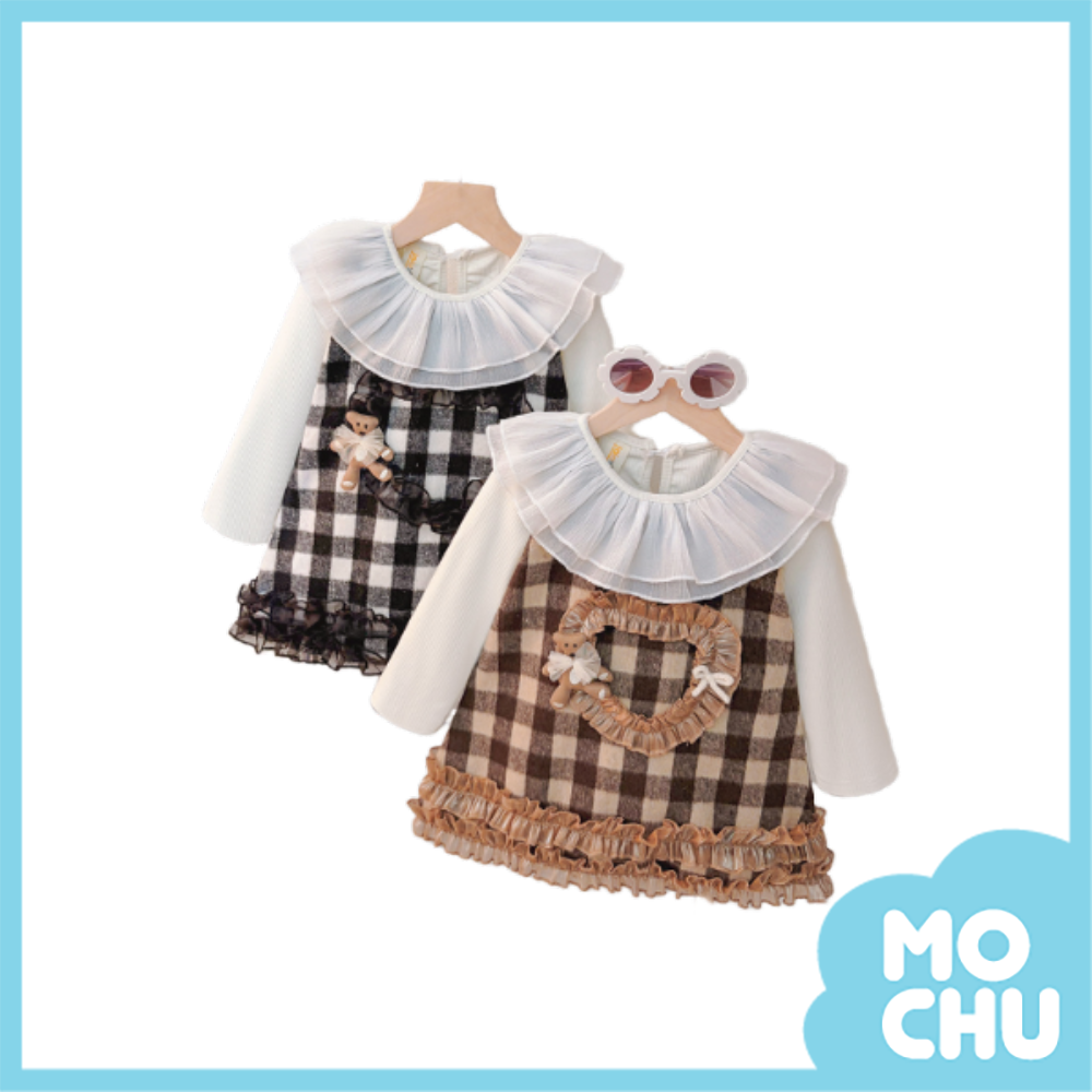 格紋小熊荷葉領連身裙(二色)