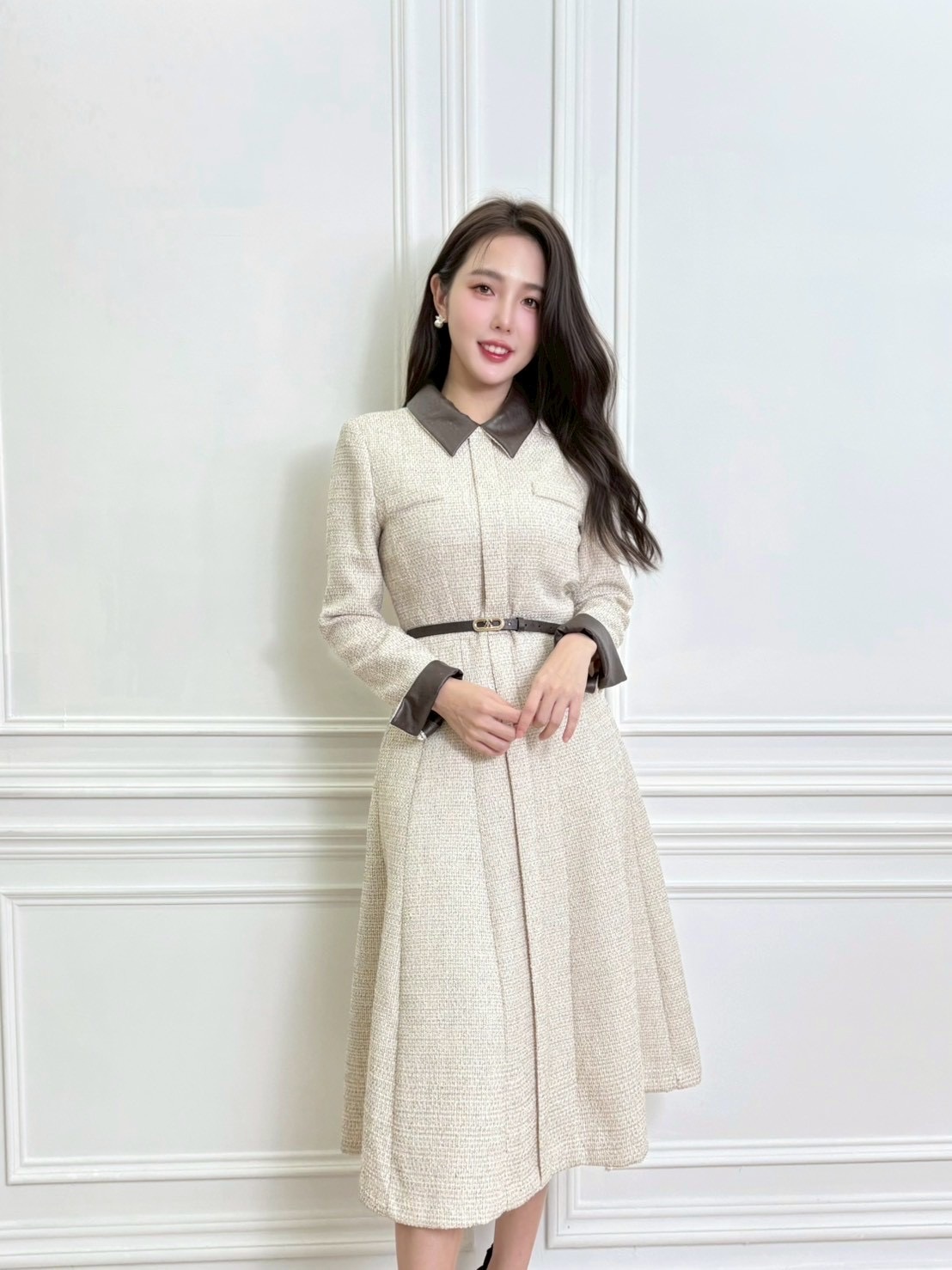 經典小香風!皮革領拼色織紋傘洋