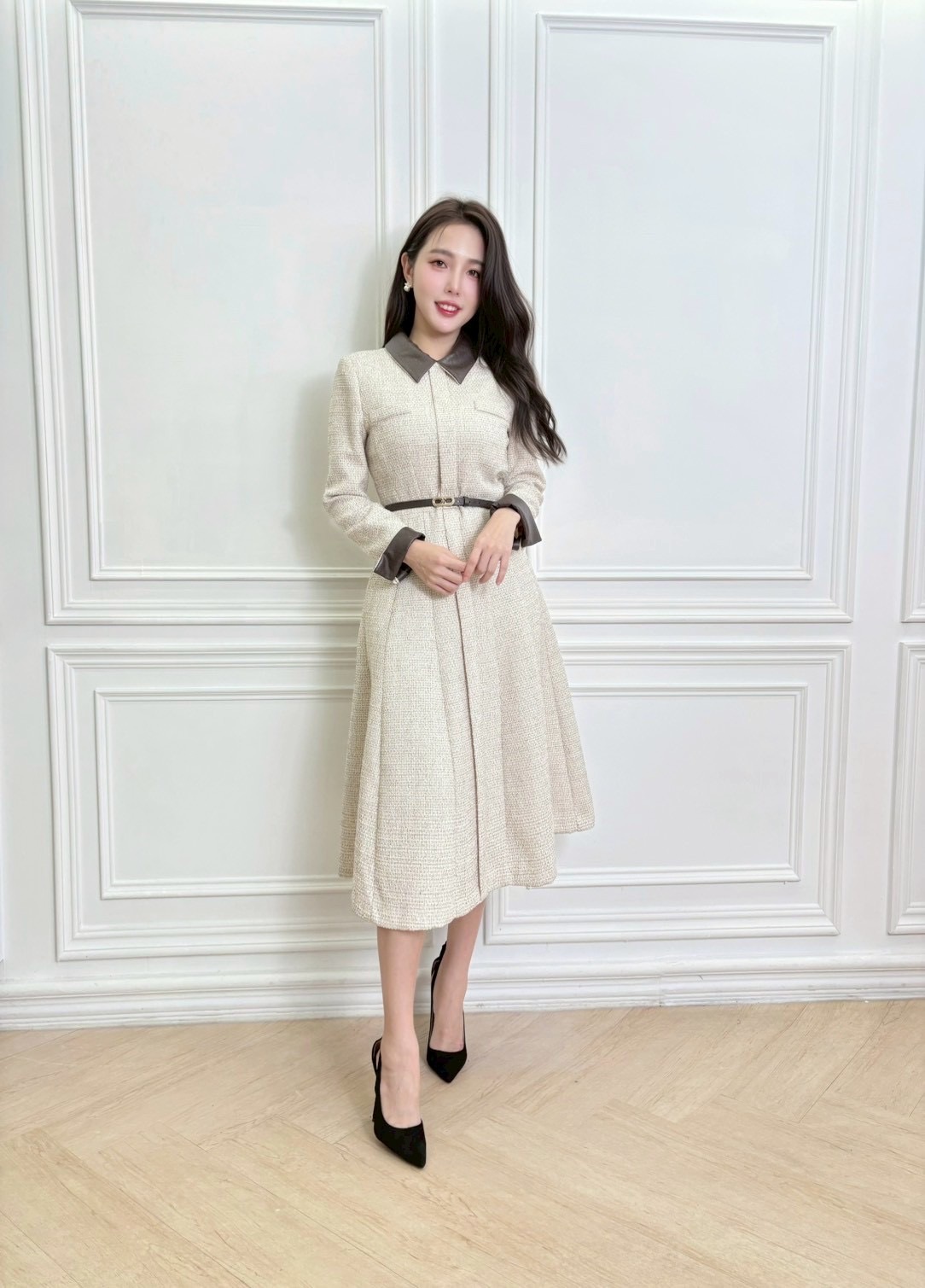 經典小香風!皮革領拼色織紋傘洋