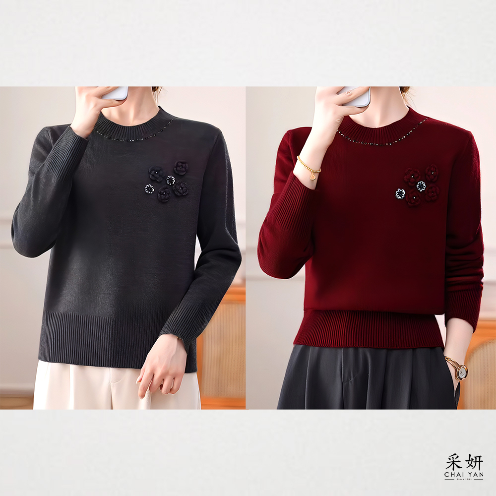 立體花水鑽領厚針織長袖上衣