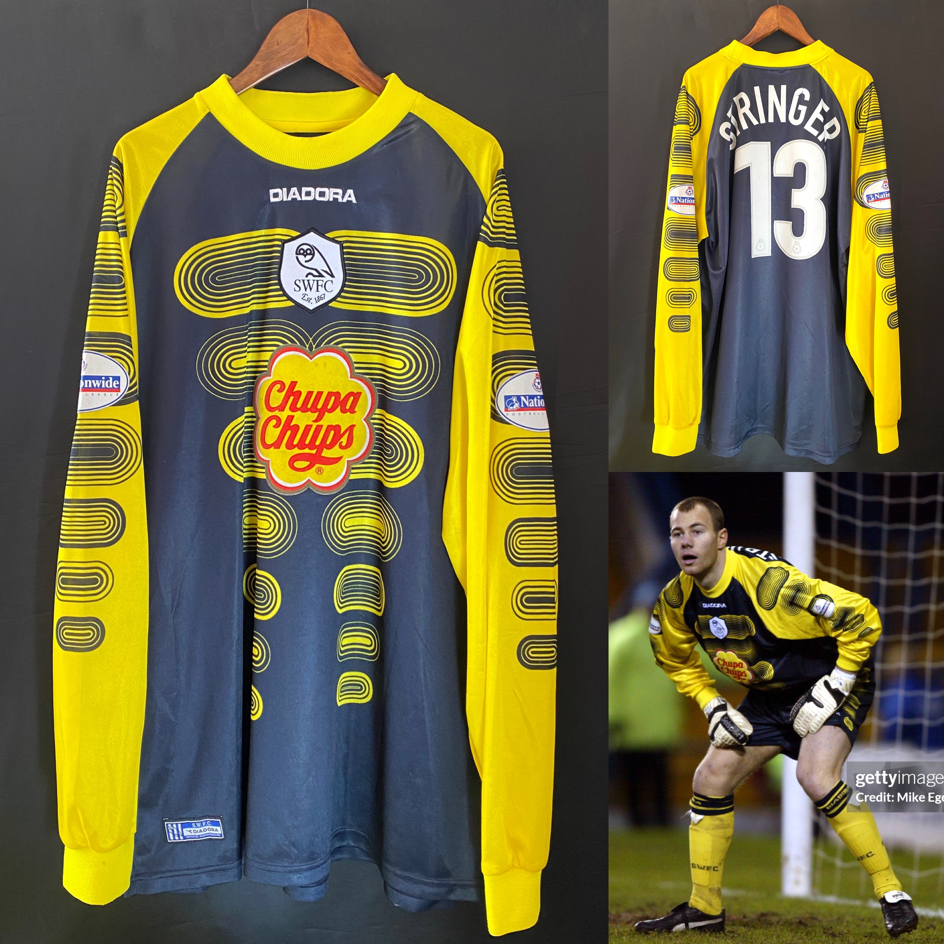 (Match Issue) Sheffield Wednesday 2002-2003 Diadora Goalkeeper Match Worn Issue Shirt #13 STRINGER