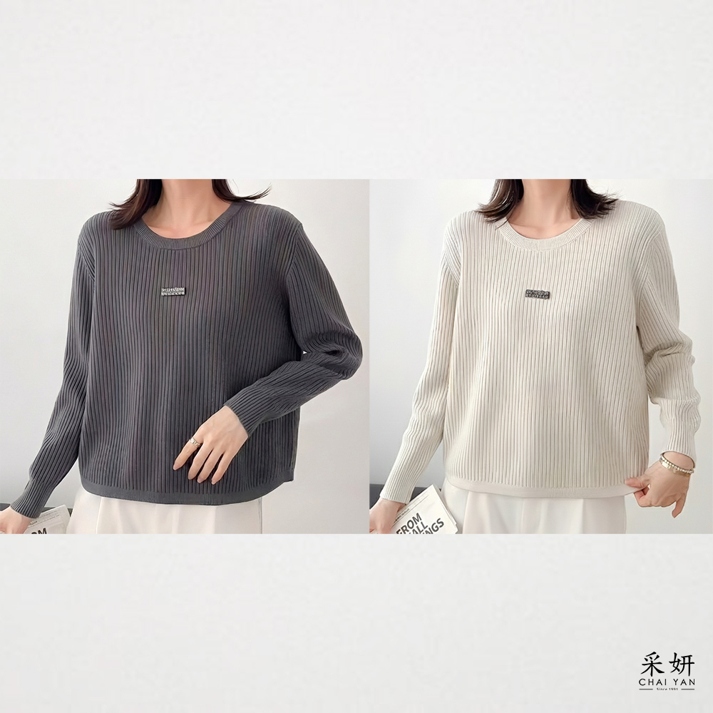 數字標背假排釦厚針織長袖上衣