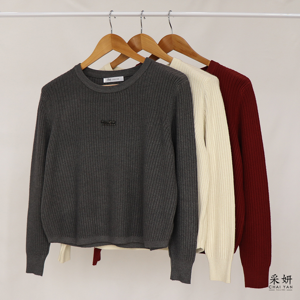 數字標背假排釦厚針織長袖上衣