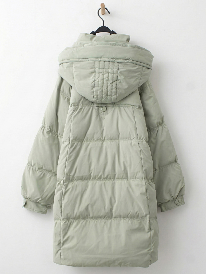 輕盈保暖剪接口袋連帽羽絨長版外套