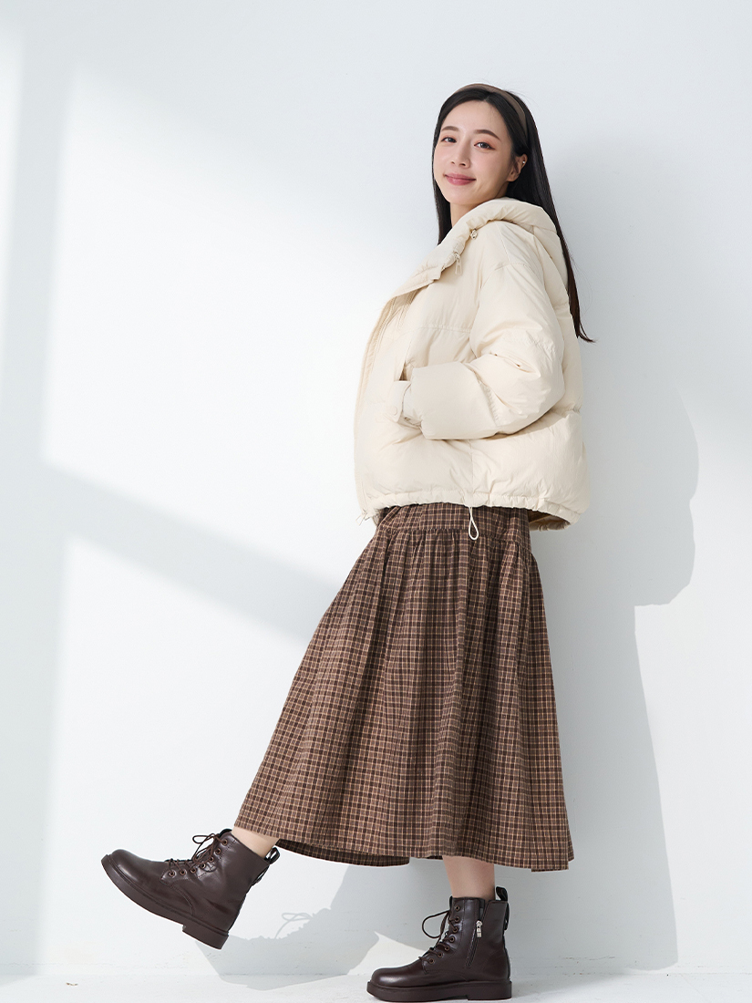 連帽羽絨短外套蕾絲條絨上衣輕磨毛八分裙組合