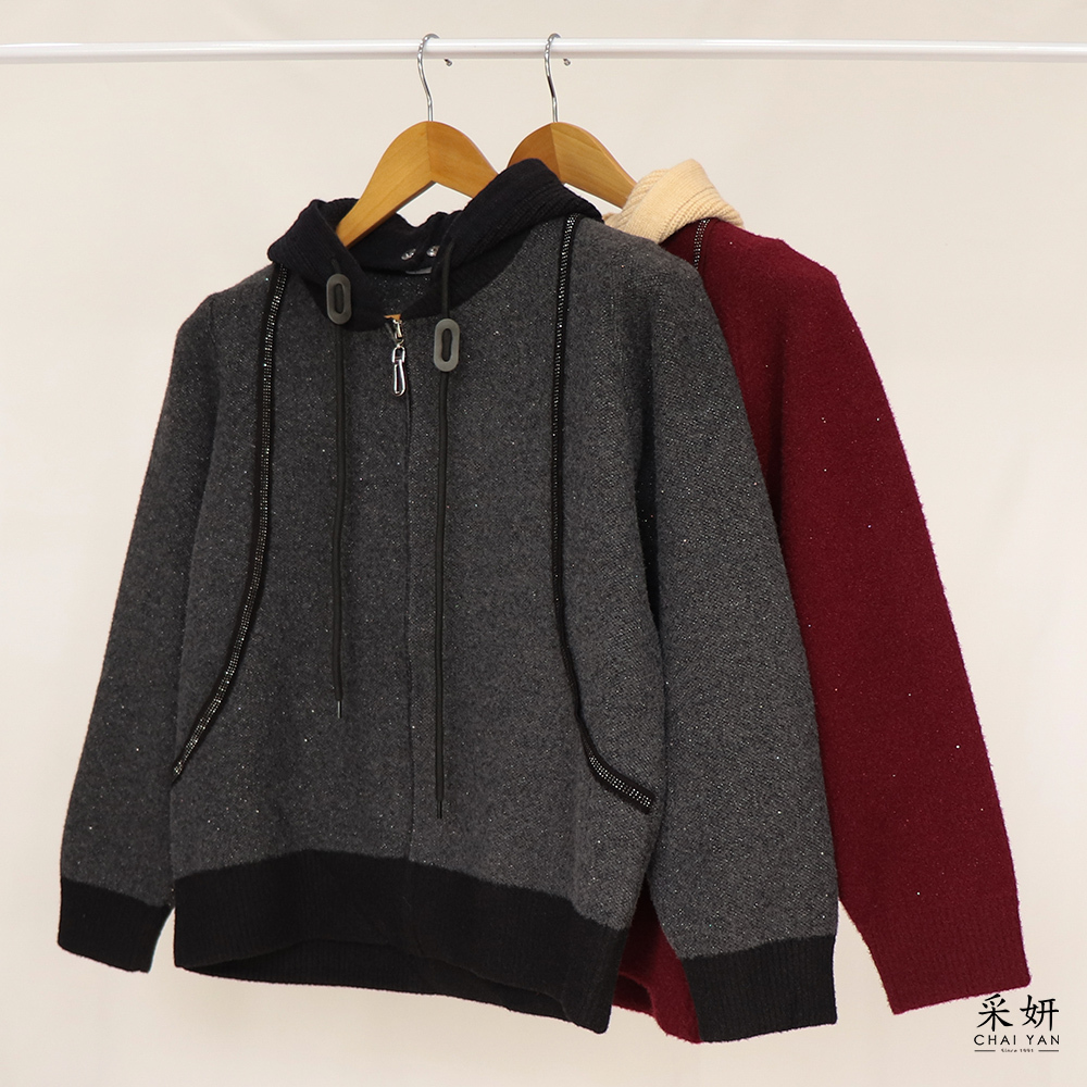 亮片水鑽可拆帽厚針織外套