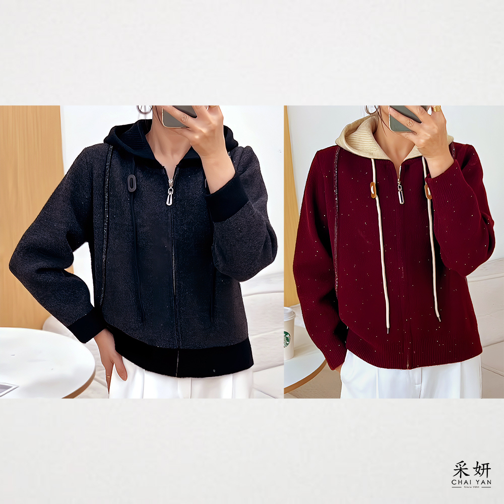 亮片水鑽可拆帽厚針織外套