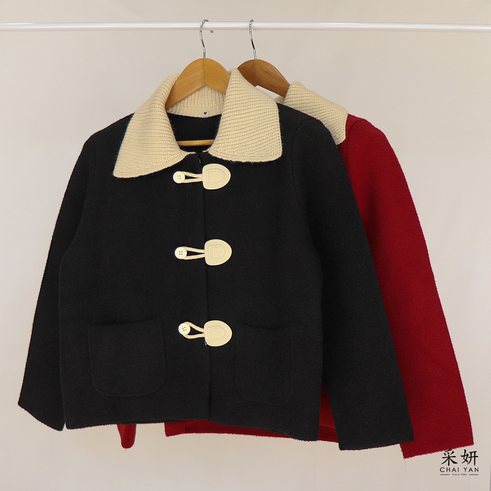 雙口袋可拆領毛呢外套