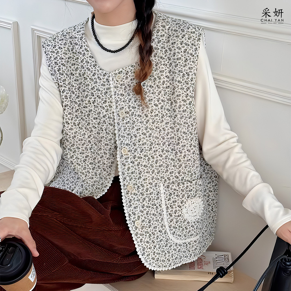 日系小碎花亞麻鋪棉背心