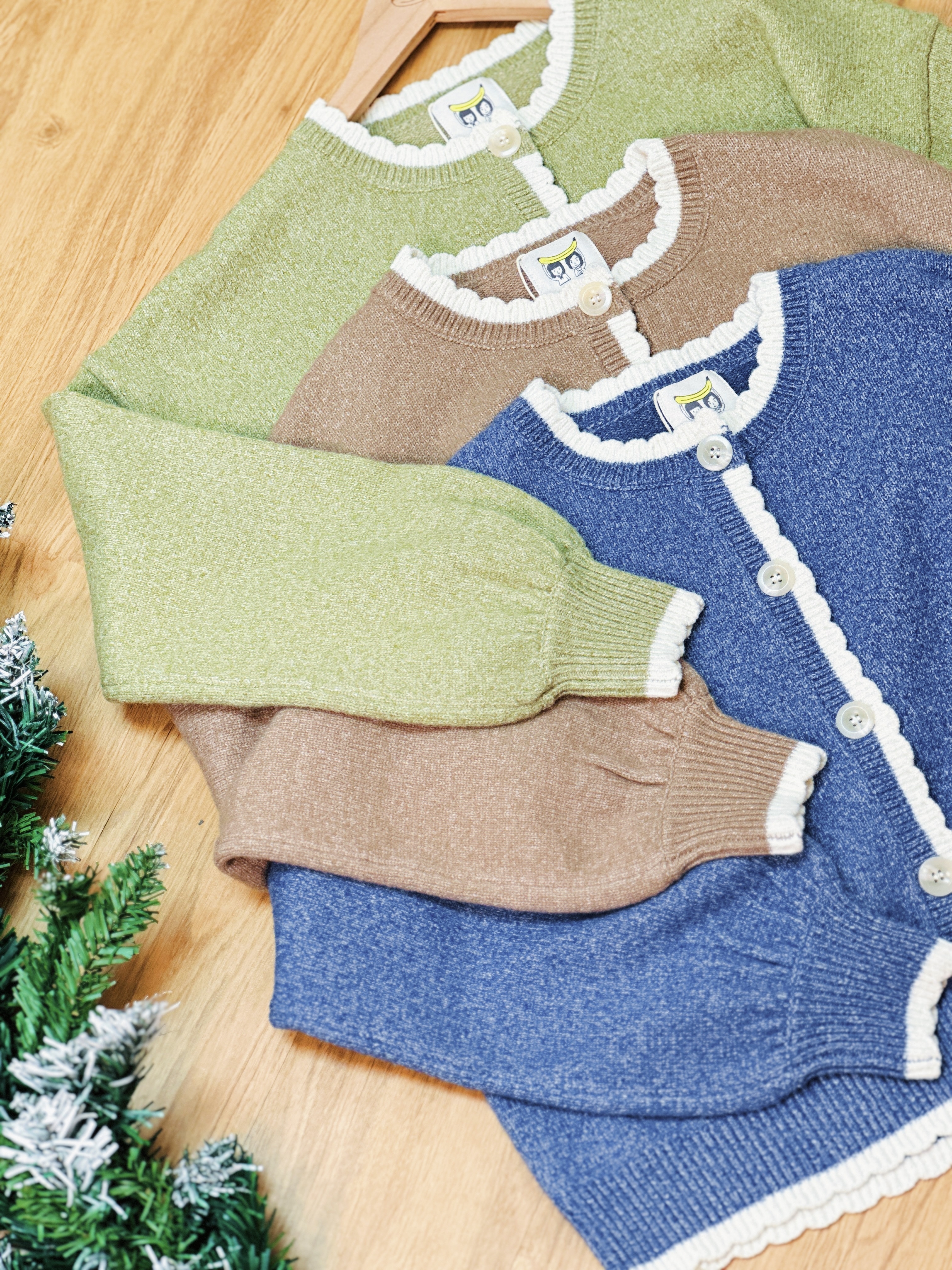 三色 / 混色小花邊泡泡袖外套 / Speckled Knit Puff-Sleeve Scallop-Trim Cardigan