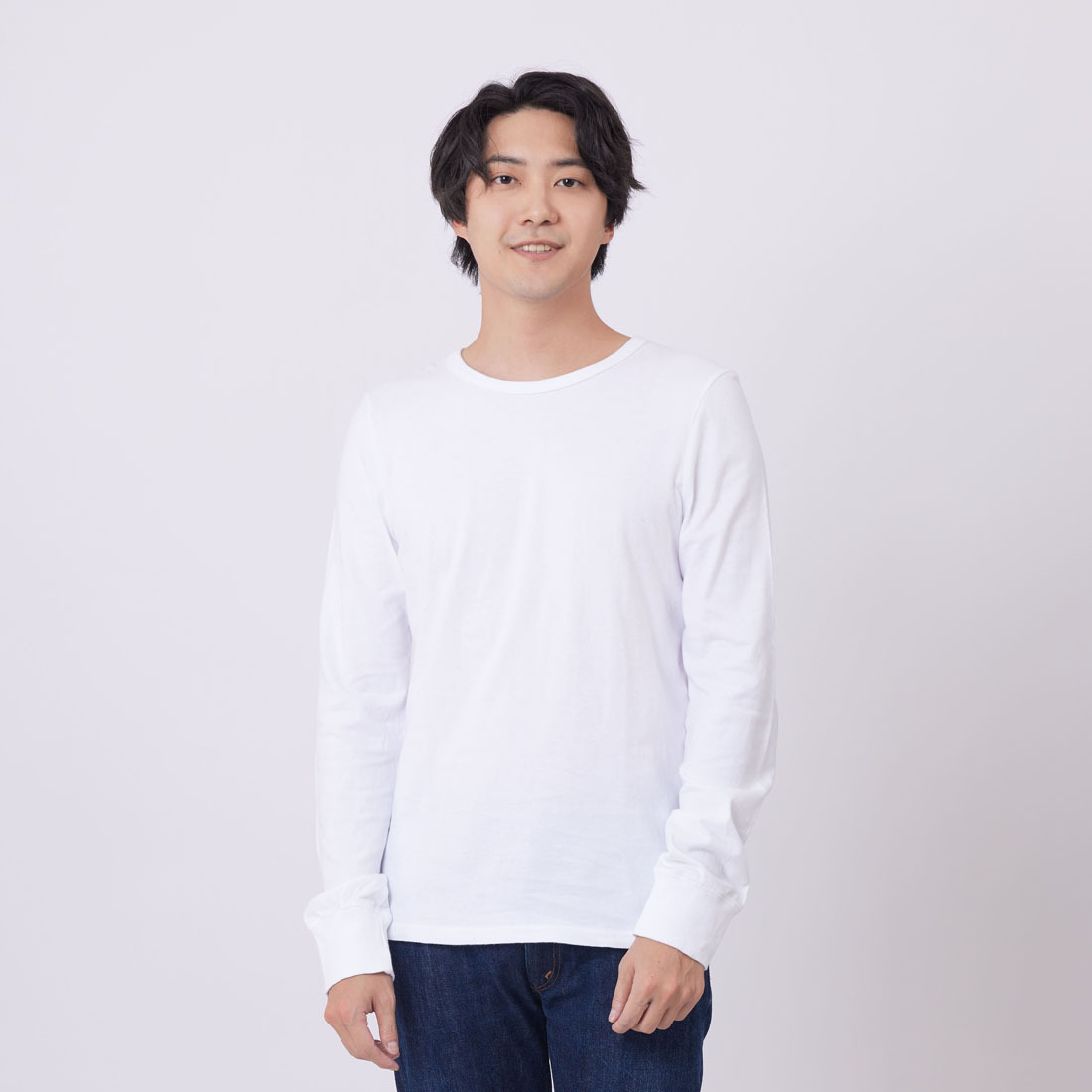素面 圓領 長袖 蜜桃棉男T  白
