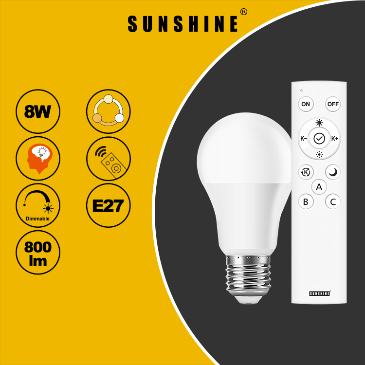 LED遙控燈膽套裝 8W A60 E27大螺頭 可調光暗及三色溫 30000K-6500K LRGA-8W-S