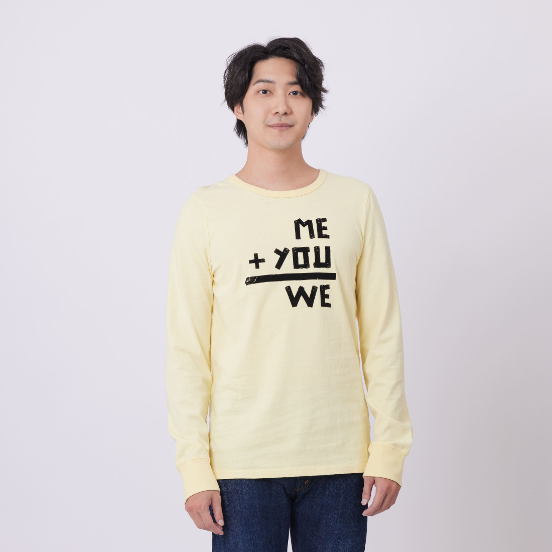 愛情加法圓領長袖蜜桃棉男T 鵝黃