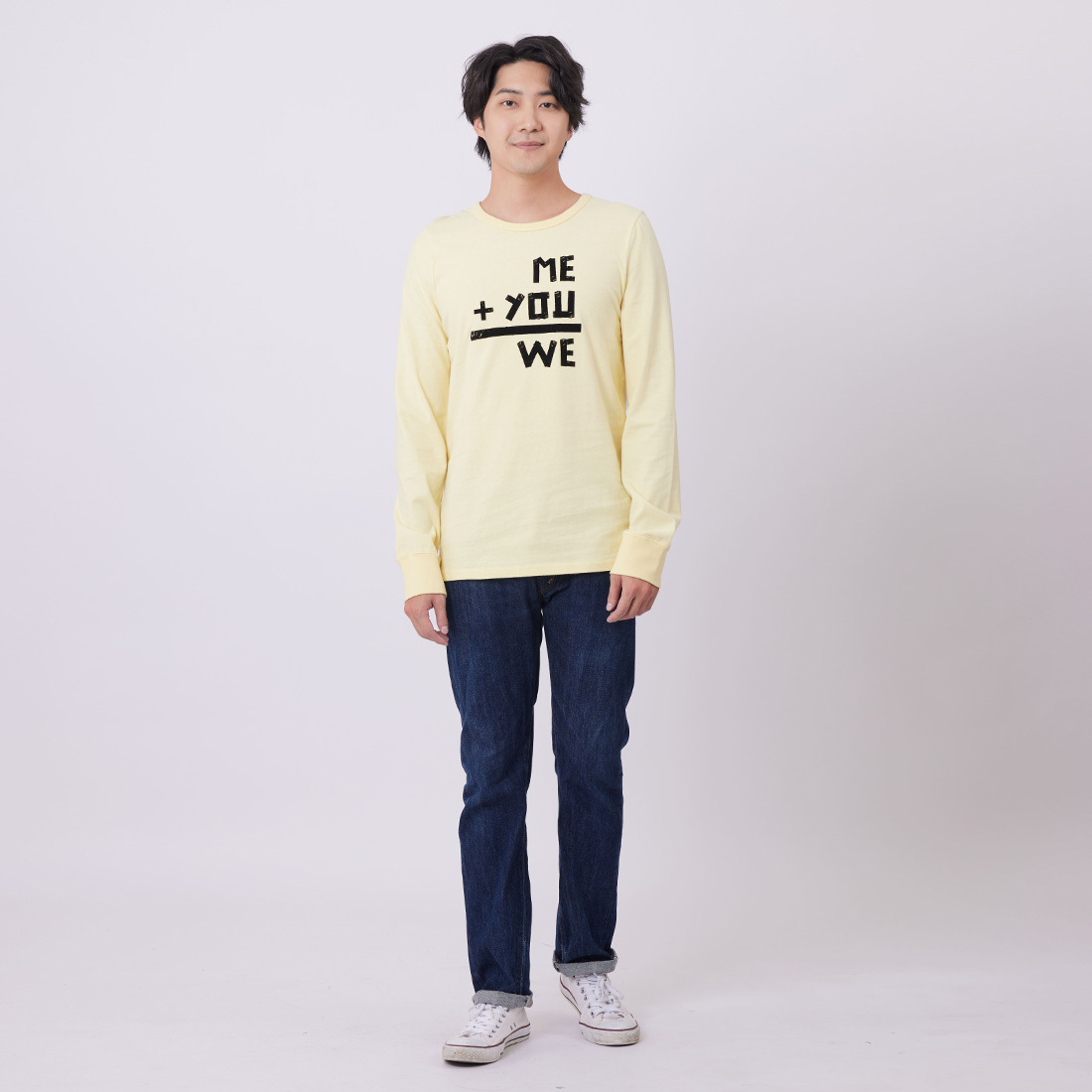 愛情加法圓領長袖蜜桃棉男T 鵝黃
