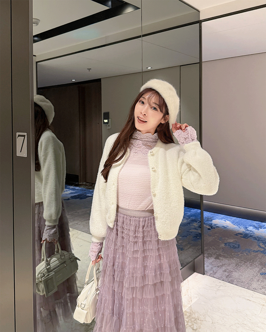 LINA LINA調味歐蕾純色珍珠釦水貂毛上衣外套-純潔白