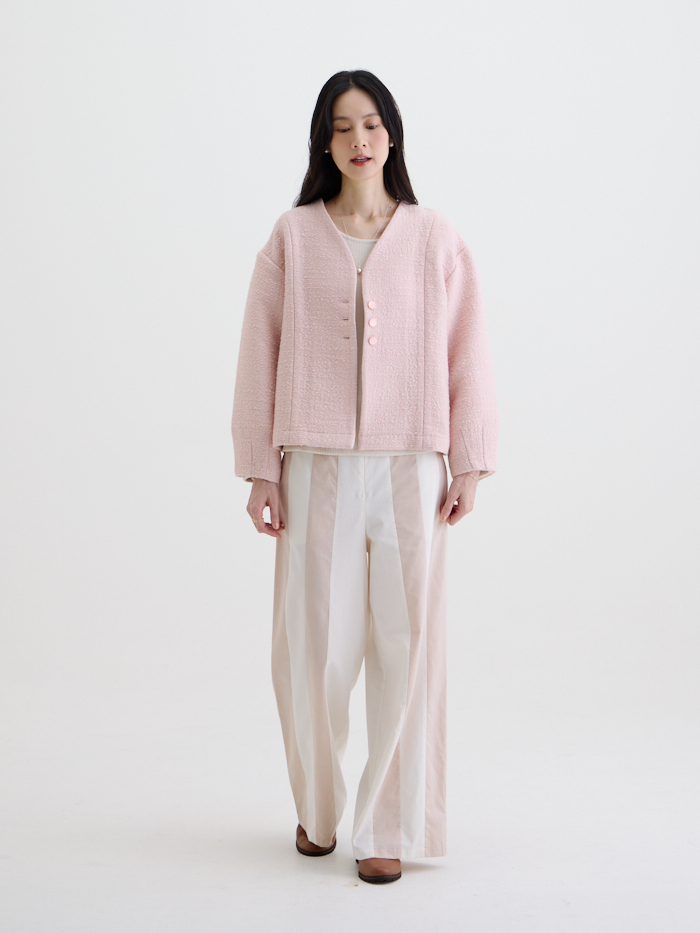 舒芙蕾無領剪接外套-莓粉