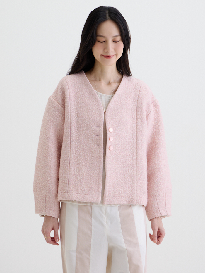 舒芙蕾無領剪接外套-莓粉