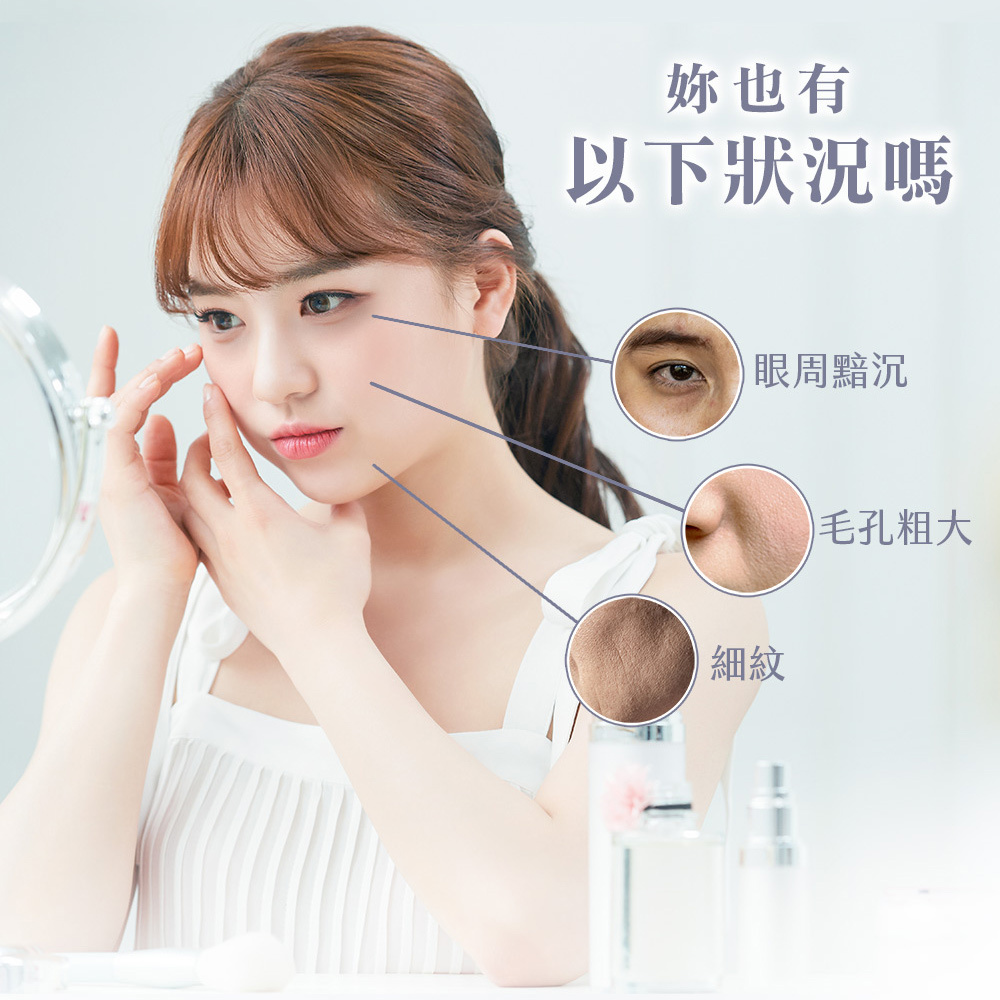 常見老化肌膚問題示意圖：女性檢視眼周暗沉、毛孔粗大及臉部細紋狀況，強調針對疲態肌膚的修護與保養需求。