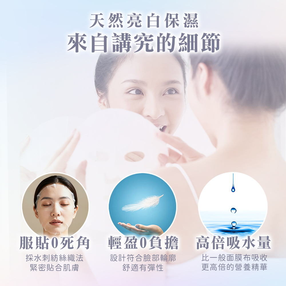 安美諾天然亮白保濕面膜：採用水刺紡絲織法，服貼零死角且輕盈零負擔，具備高倍吸水量，能有效將營養精華導入肌膚深層。