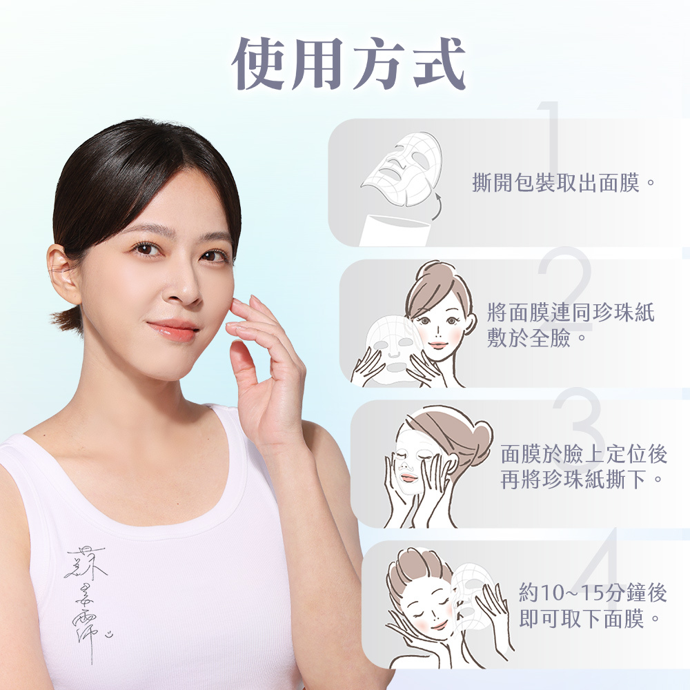安美諾面膜使用方式圖解：詳細四步驟教學，指導如何正確敷貼面膜與移除珍珠紙，並標註最佳敷用時間為10至15分鐘，確保保養效果。