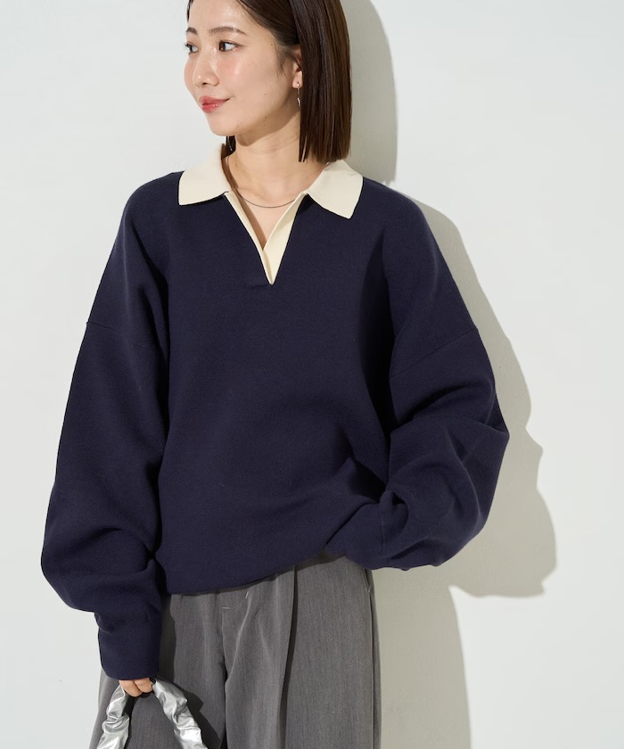 FREAK'S STORE 配色 襟 スキッパー ニット プルオーバー深藍（1332248900631）