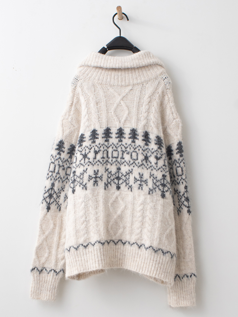 雪花圖騰粗針麻花翻領針織毛衣外套