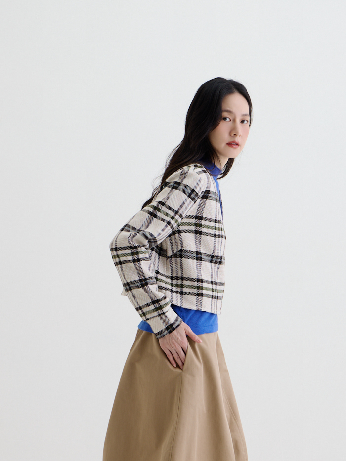 爵士罩衫長袖上衣-米黑格紋