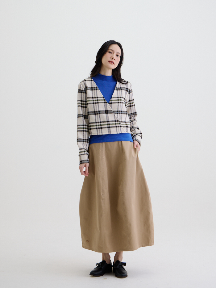 爵士罩衫長袖上衣-米黑格紋