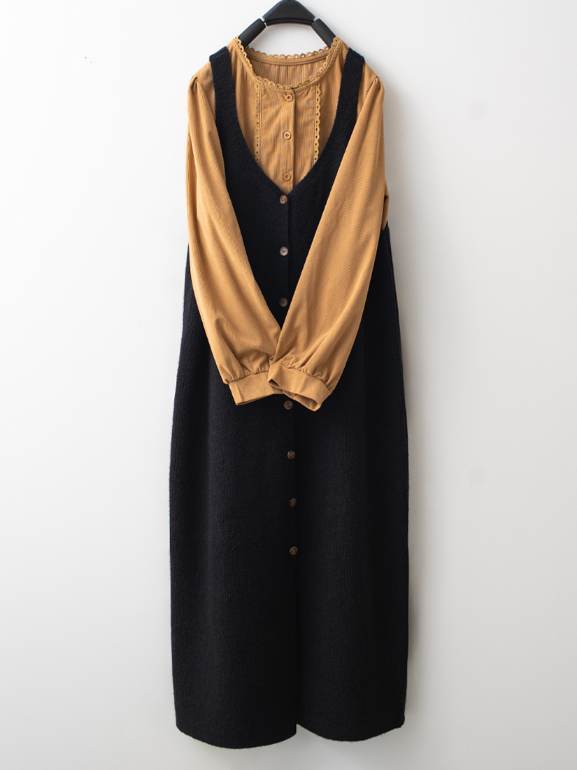 荷葉領綁帶條絨上衣排釦吊帶針織背心洋裝組合