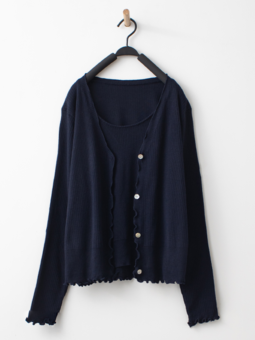 自然素色羅紋木耳邊仿兩件式長袖針織上衣