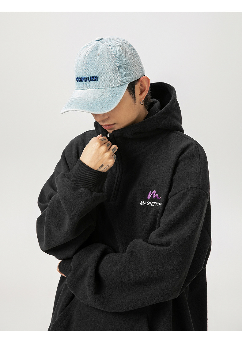 美式重磅摇粒绒復古半拉鍊帽T L3844